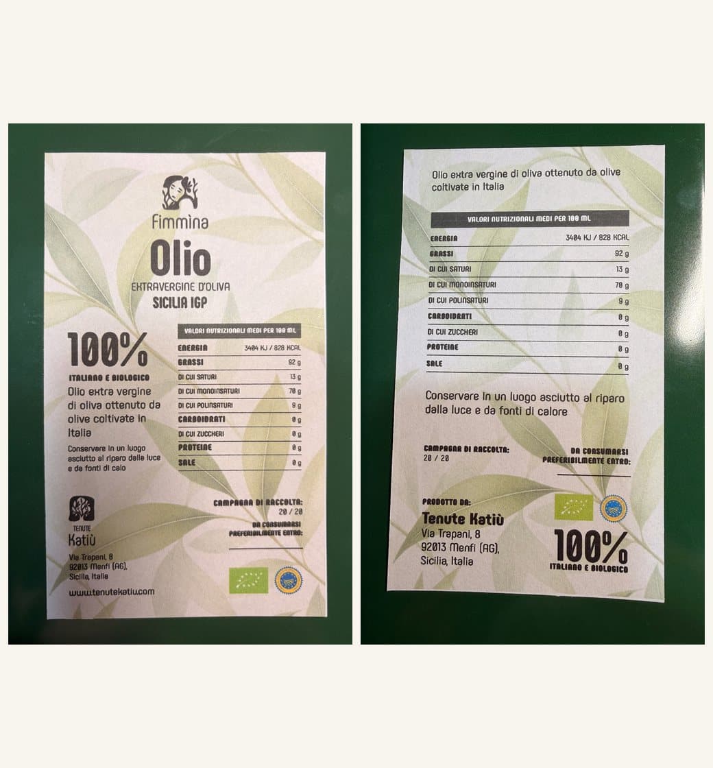 Etichetta Fimmìna: versione completa e retro con valori nutrizionali, logo biologico e IGP Sicilia