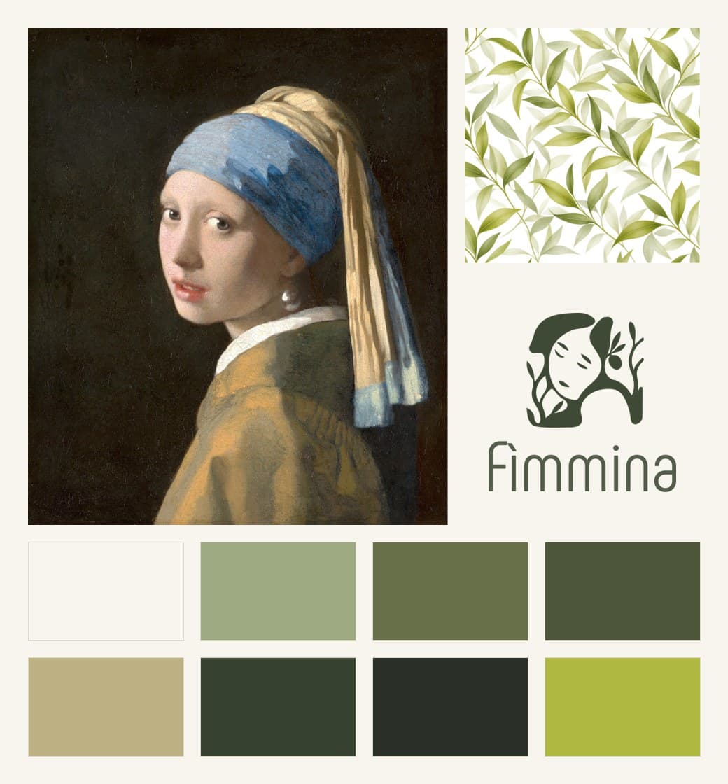Moodboard Fimmìna: la Ragazza con l'orecchino di perla di Vermeer, pattern di foglie d'ulivo e palette di verdi e paglia